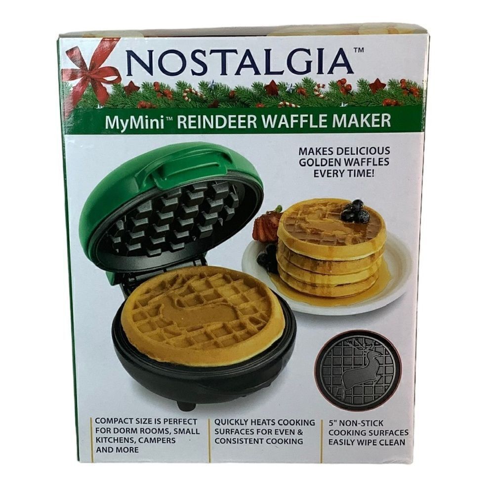 New! Nostalgia My Mini Reindeer Waffle Maker Compact Size 5" Non-stick Surface